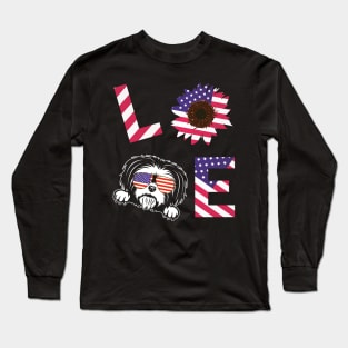 Cool US Flag Sunflowers Glasses Dog Face LOVE Shih Tzu Dog Americans Independence USA July 4th Day Long Sleeve T-Shirt